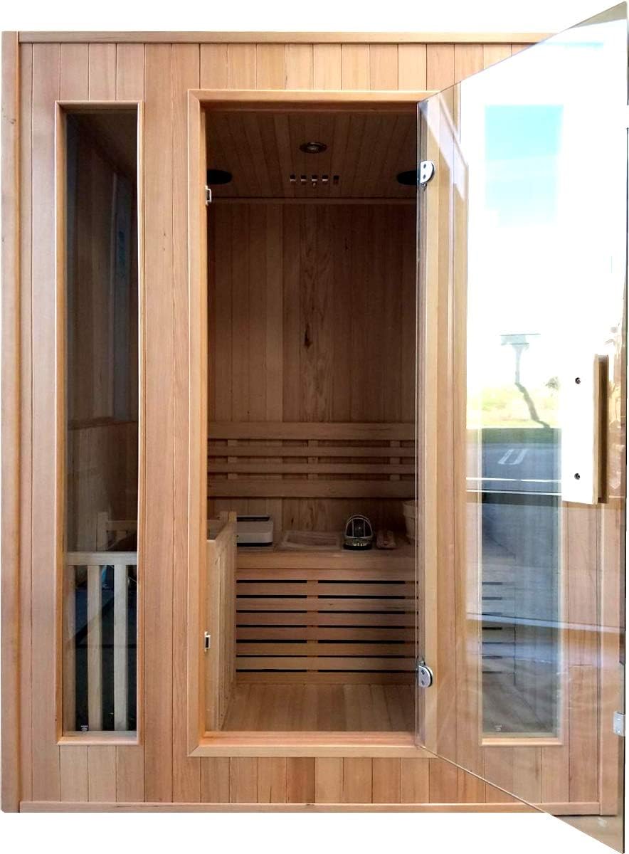 Canadian Hemlock Wood Traditional Swedish 60" 2 or 3 Person Indoor Sauna Spa, with 6KW Wet or Dry Heater, Bluetooth, Rocks, and Water Bucket