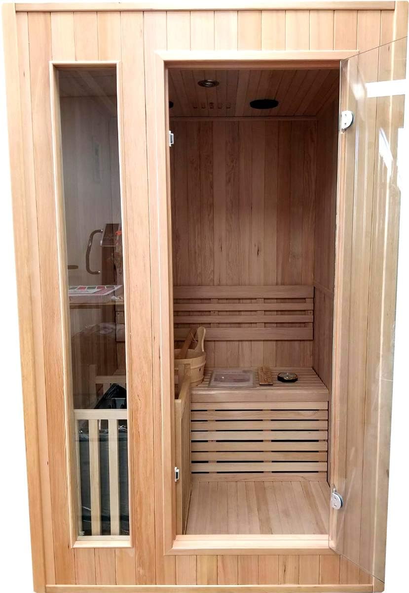 Canadian Hemlock Wood Traditional Swedish 48" 1 or 2 Person Indoor Sauna Spa, with 6KW Wet or Dry Heater, Advanced Control Panel, Rocks, and Water Bucket