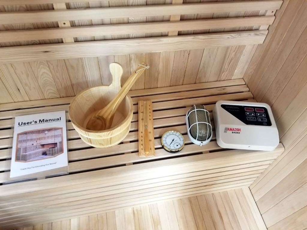 Canadian Hemlock Wood Traditional Swedish 72" 4 Person Indoor Sauna Spa, with 6KW Wet or Dry Heater, Rocks, and Water Bucket