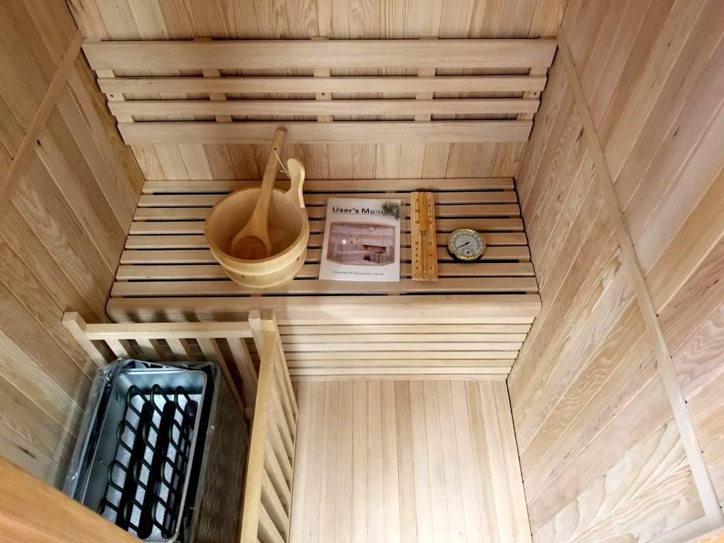 Canadian Hemlock Wood Traditional Swedish 48" 1 or 2 Person Indoor Sauna Spa, with 6KW Wet or Dry Heater, Advanced Control Panel, Rocks, and Water Bucket
