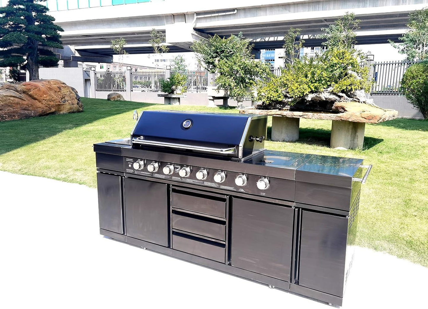 3 in 1 Outdoor Black Stainless Steel 8 Burner Electric Island Grill Propane or Natural Gas, with Sink, Side Burner, LED Lights on Knobs, and Free Protective Grill Cover