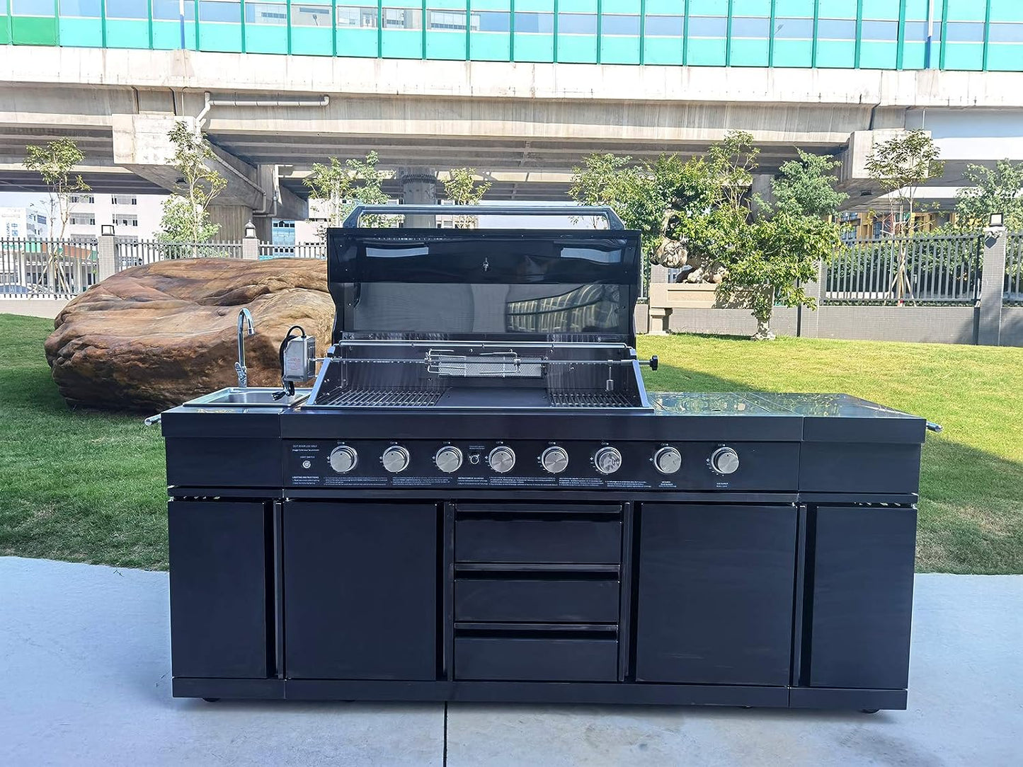 3 in 1 Outdoor Black Stainless Steel 8 Burner Electric Island Grill Propane or Natural Gas, with Sink, Side Burner, LED Lights on Knobs, and Free Protective Grill Cover