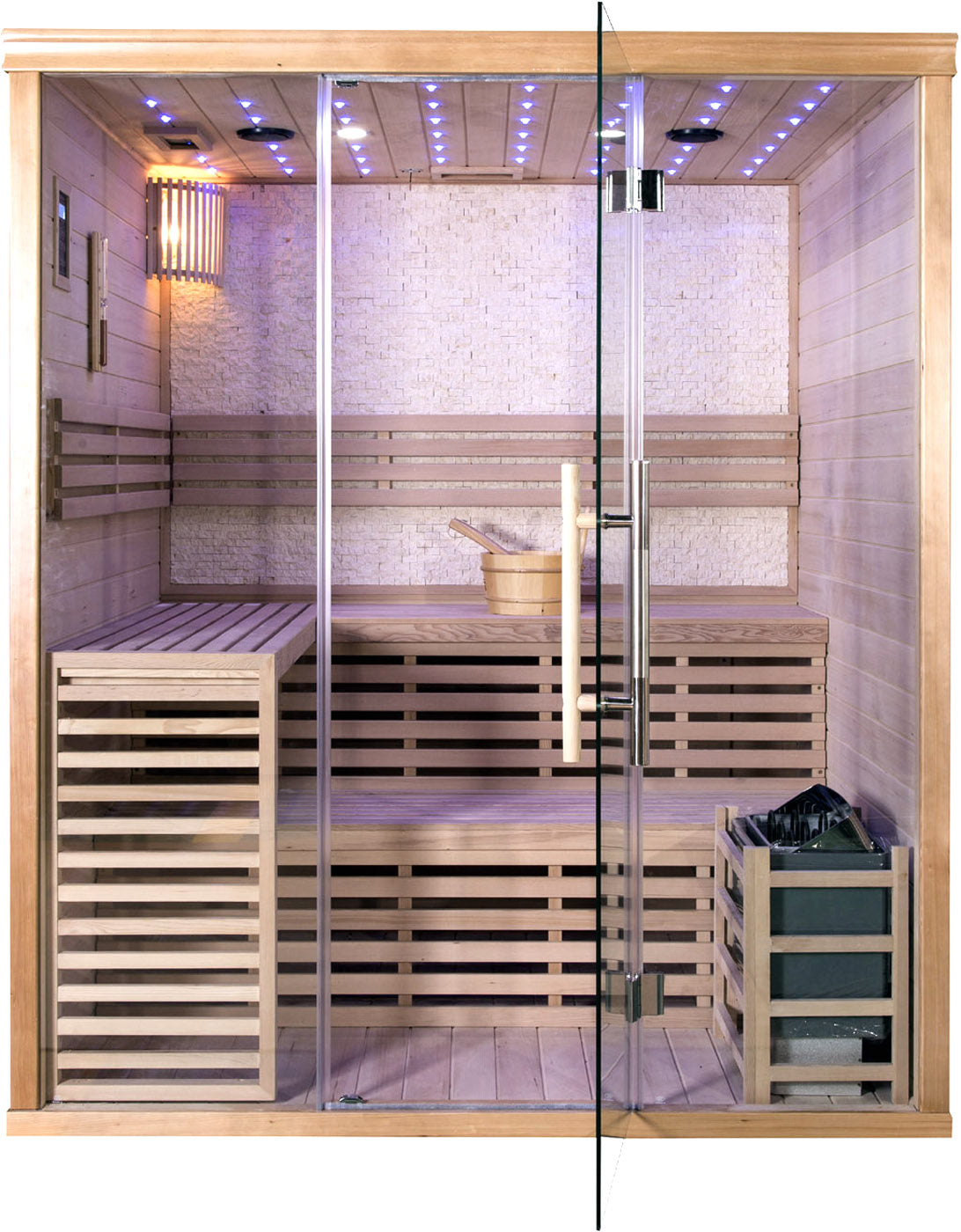 Canadian Hemlock Wood Traditional Swedish Wet or Dry 4-5 Person Glass Wall Sauna, with Harvia 6KW Heater, Rocks, Water Bucket, Ladle, LED Lights
