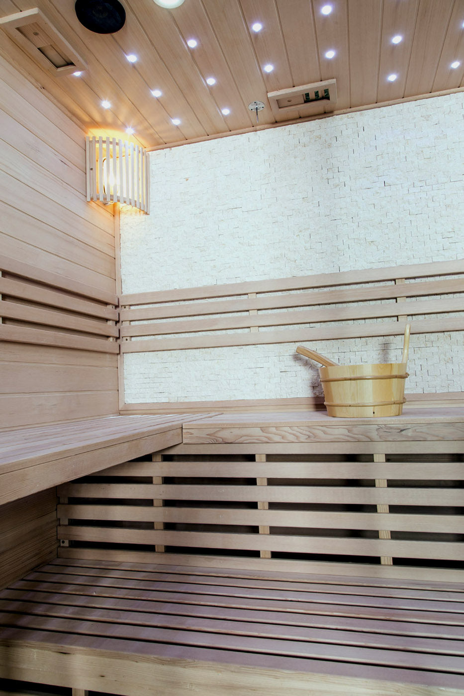 Canadian Hemlock Wood Traditional Swedish Wet or Dry 4-5 Person Glass Wall Sauna, with Harvia 6KW Heater, Rocks, Water Bucket, Ladle, LED Lights