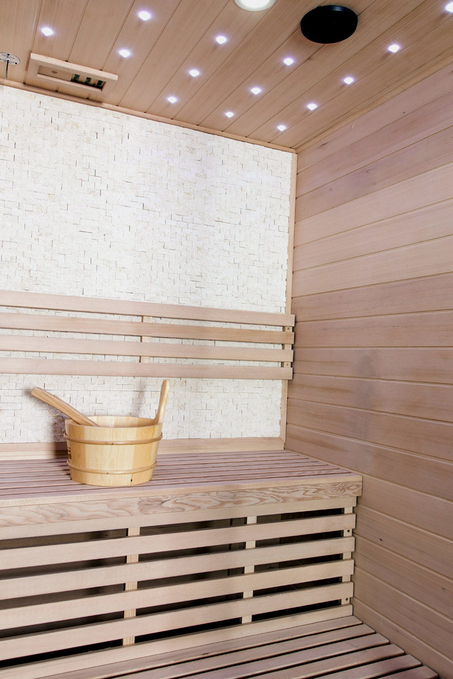 Canadian Hemlock Wood Traditional Swedish Wet or Dry 4-5 Person Glass Wall Sauna, with Harvia 6KW Heater, Rocks, Water Bucket, Ladle, LED Lights