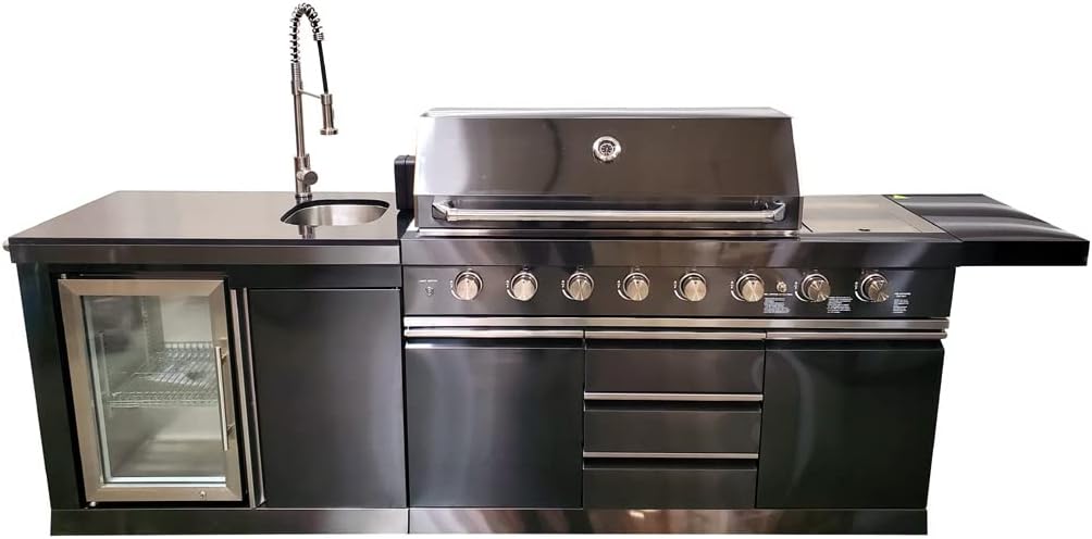 2 Modular Piece Black Stainless Steel 6 Burner Marble Top BBQ Outdoor Electric Propane Grill Kitchen with Refrigerator, Sink, Side Burner, LED Lights on Knobs, & Protective Cover