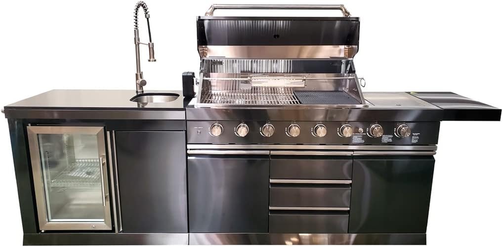 2 Modular Piece Black Stainless Steel 6 Burner Marble Top BBQ Outdoor Electric Propane Grill Kitchen with Refrigerator, Sink, Side Burner, LED Lights on Knobs, & Protective Cover