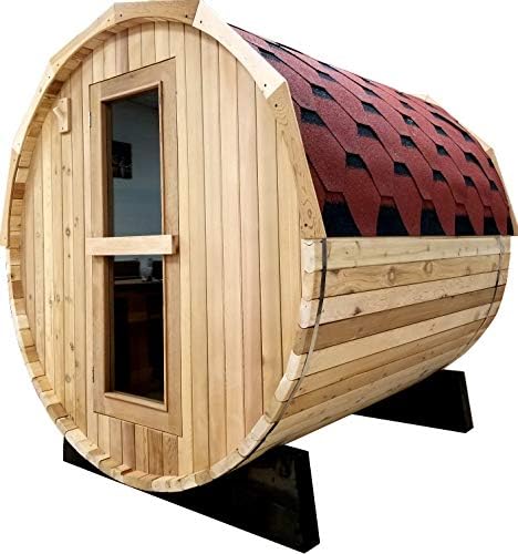 Canadian Red Cedar Wood 6 Foot Outdoor Barrel Traditional Steam Sauna with Shingled Roof, 6KW Wet or Dry Heater and Lava Rocks