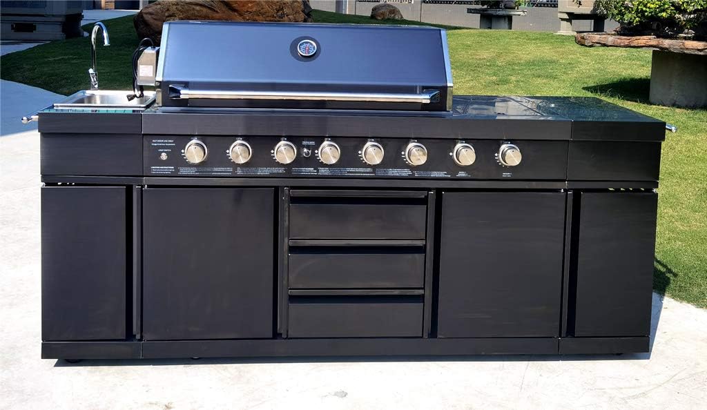 3 in 1 Outdoor Black Stainless Steel 8 Burner Electric Island Grill Propane or Natural Gas, with Sink, Side Burner, LED Lights on Knobs, and Free Protective Grill Cover