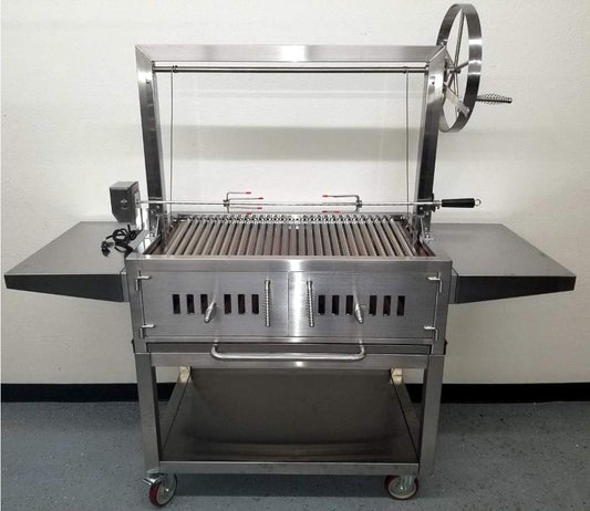 Stainless Steel #304 & #430, Outdoor Charcoal BBQ Parrilla Santa Maria / Argentine Grill, Spit with Cart and Wheels