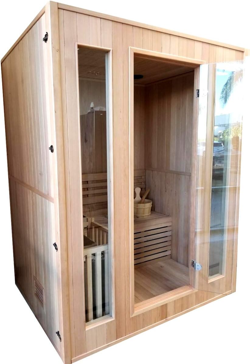Canadian Hemlock Wood Traditional Swedish 60" 2 or 3 Person Indoor Sauna Spa, with 6KW Wet or Dry Heater, Bluetooth, Rocks, and Water Bucket