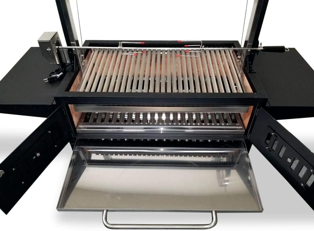 Black Outdoor Charcoal BBQ Parrilla Santa Maria/Argentine Rotisserie Grill Spit, with Stainless Steel #304 Grates, Wheels, Handle