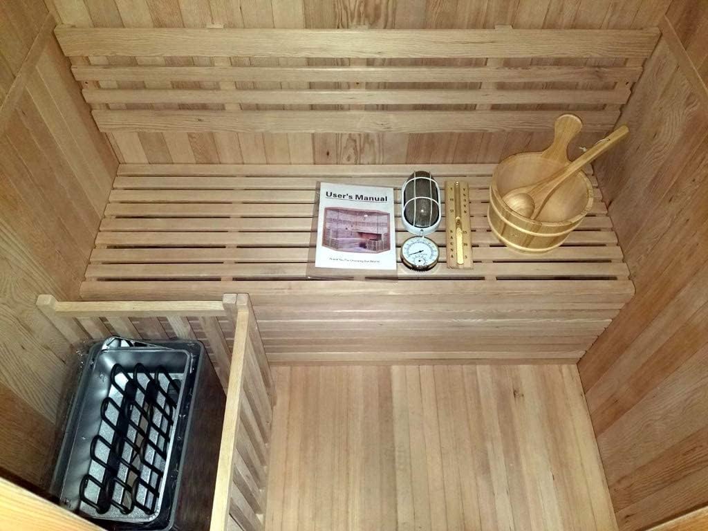 Canadian Hemlock Wood Swedish Traditional 60" 2/3 Person Indoor Single Bench Sauna Spa with 6KW Wet/Dry Heater, Digital Panel, Rocks, and Water Bucket