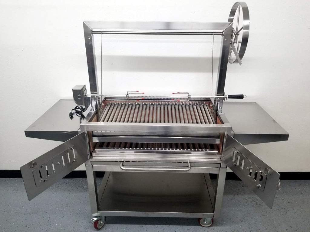 Stainless Steel #304 & #430, Outdoor Charcoal BBQ Parrilla Santa Maria / Argentine Grill, Spit with Cart and Wheels