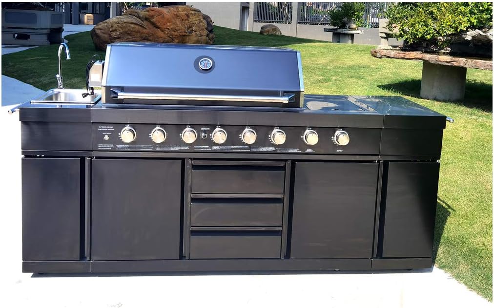 3 in 1 Outdoor Black Stainless Steel 8 Burner Electric Island Grill Propane or Natural Gas, with Sink, Side Burner, LED Lights on Knobs, and Free Protective Grill Cover