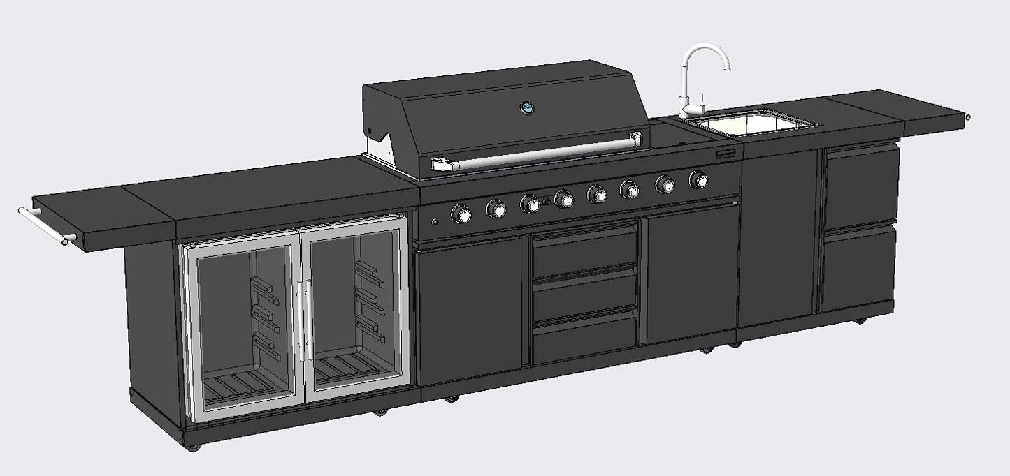 Modular 3 Piece Island Electric and Propane or Natural Gas BBQ Outdoor Black Stainless Steel Grill Kitchen with Double Wine Refrigerator, Sink, Rotisserie, Black Marble Top and FREE Protective Canvas Cover