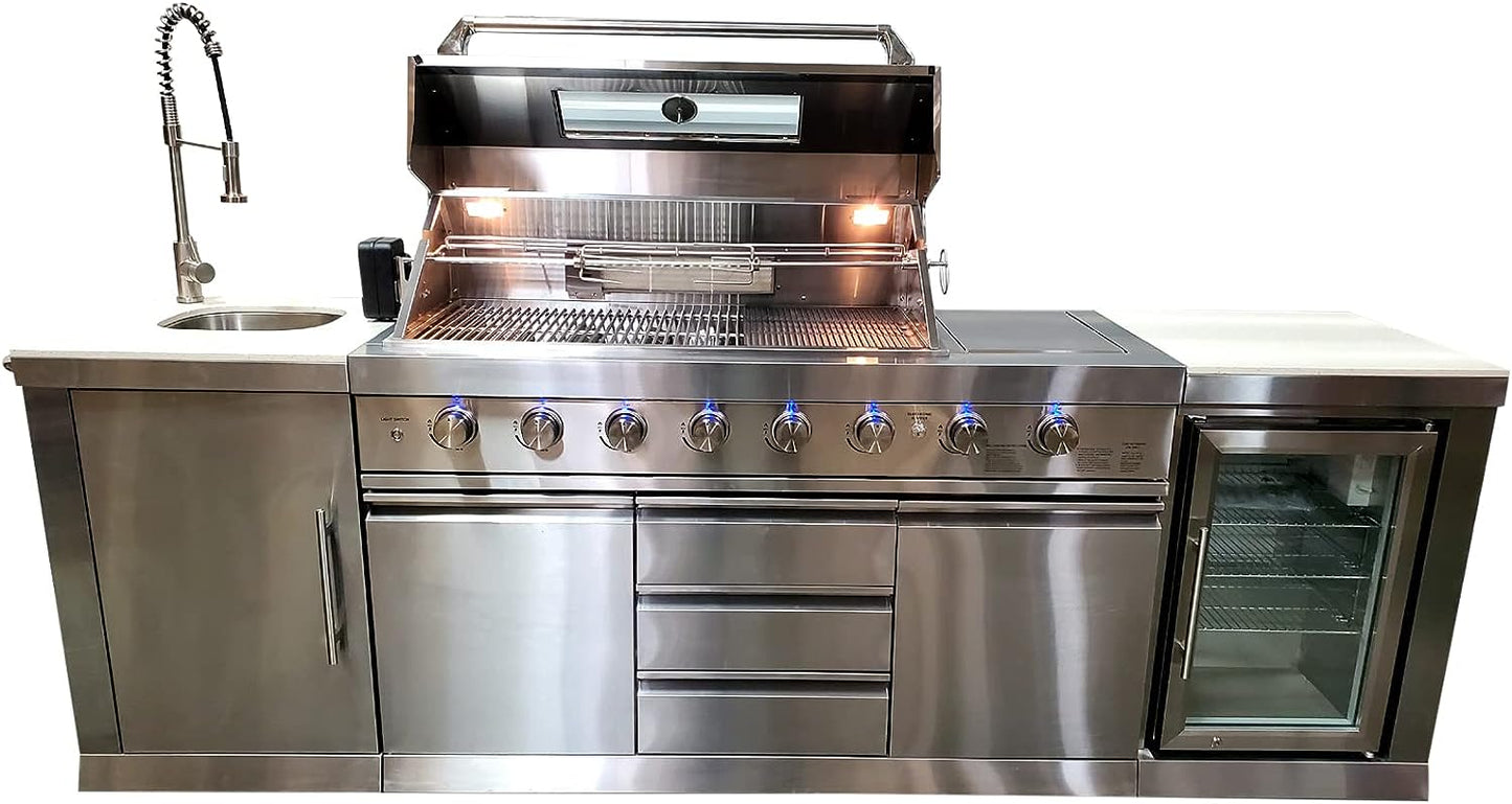 3 Piece Stainless Steel Outdoor Island BBQ Kitchen Grill with Refrigerator, Sink, White Marble Top, LED Lighted Knobs and Protective Grill Cover