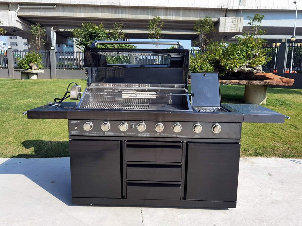 Modular 3 Piece Island Electric and Propane or Natural Gas BBQ Outdoor Black Stainless Steel Grill Kitchen with Double Wine Refrigerator, Sink, Rotisserie, Black Marble Top and FREE Protective Canvas Cover