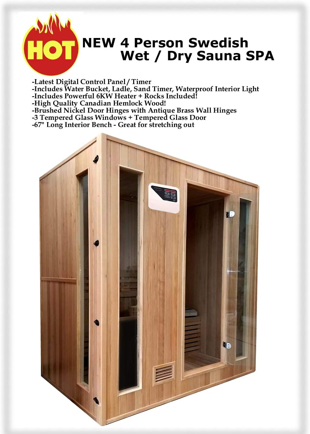 Canadian Hemlock Wood Traditional Swedish 72" 4 Person Indoor Sauna Spa, with 6KW Wet or Dry Heater, Rocks, and Water Bucket