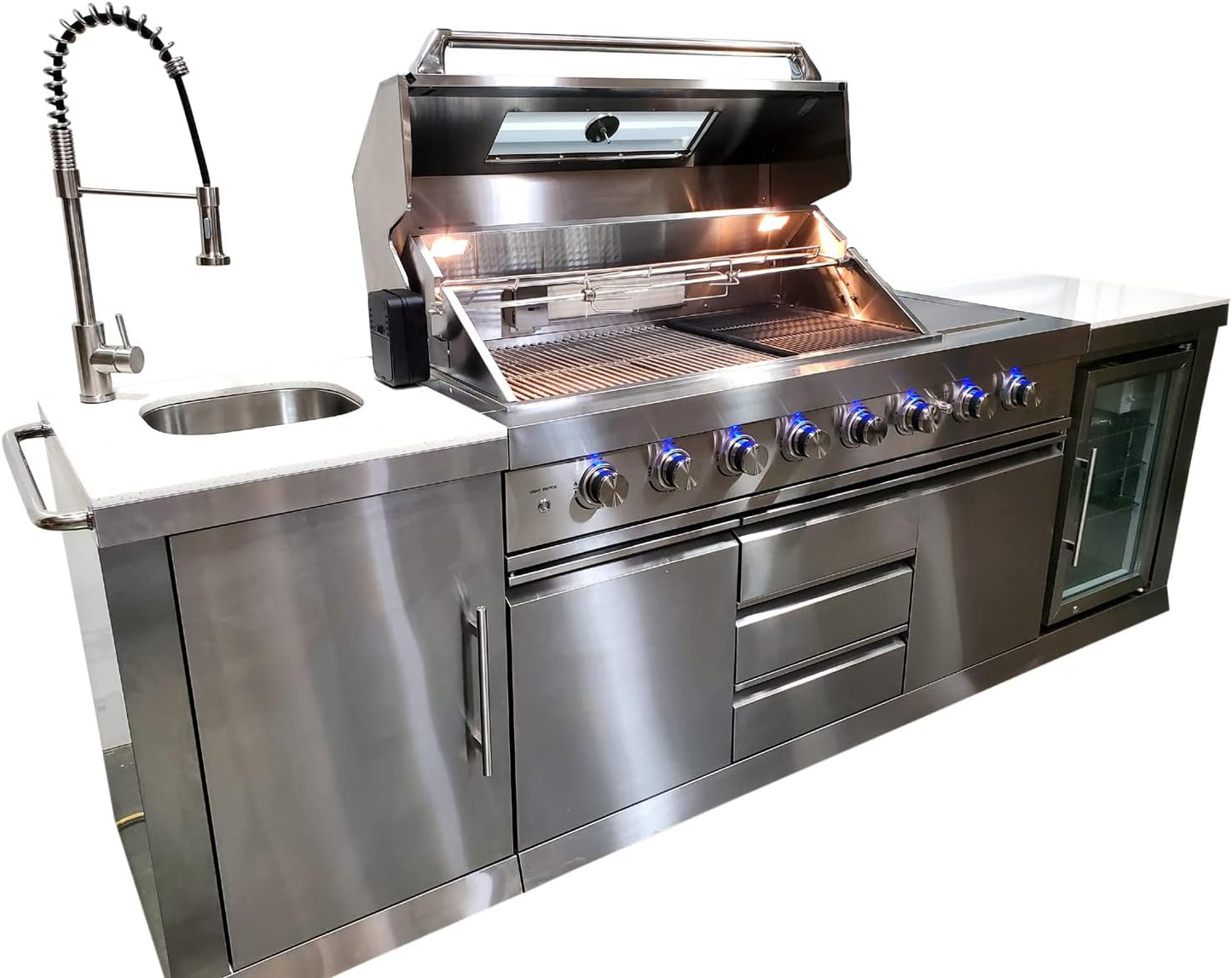 3 Piece Stainless Steel Outdoor Island BBQ Kitchen Grill with Refrigerator, Sink, White Marble Top, LED Lighted Knobs and Protective Grill Cover