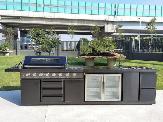 Modular 3 Piece Island Electric and Propane or Natural Gas BBQ Outdoor Black Stainless Steel Grill Kitchen with Double Wine Refrigerator, Sink, Rotisserie, Black Marble Top and FREE Protective Canvas Cover