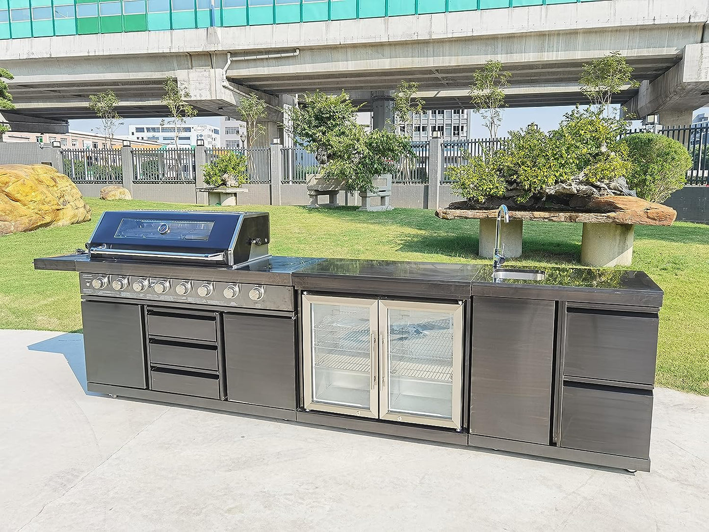 Modular 3 Piece Island Electric and Propane or Natural Gas BBQ Outdoor Black Stainless Steel Grill Kitchen with Double Wine Refrigerator, Sink, Rotisserie, Black Marble Top and FREE Protective Canvas Cover