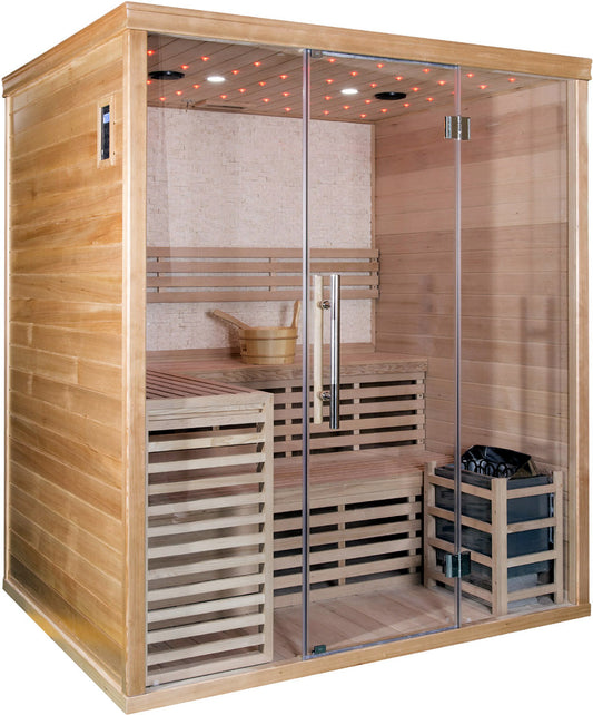 Canadian Hemlock Wood Traditional Swedish Wet or Dry 4-5 Person Glass Wall Sauna, with Harvia 6KW Heater, Rocks, Water Bucket, Ladle, LED Lights