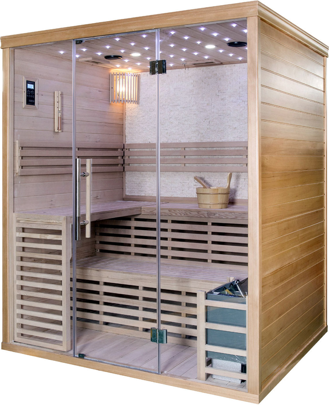 Canadian Hemlock Wood Traditional Swedish Wet or Dry 4-5 Person Glass Wall Sauna, with Harvia 6KW Heater, Rocks, Water Bucket, Ladle, LED Lights